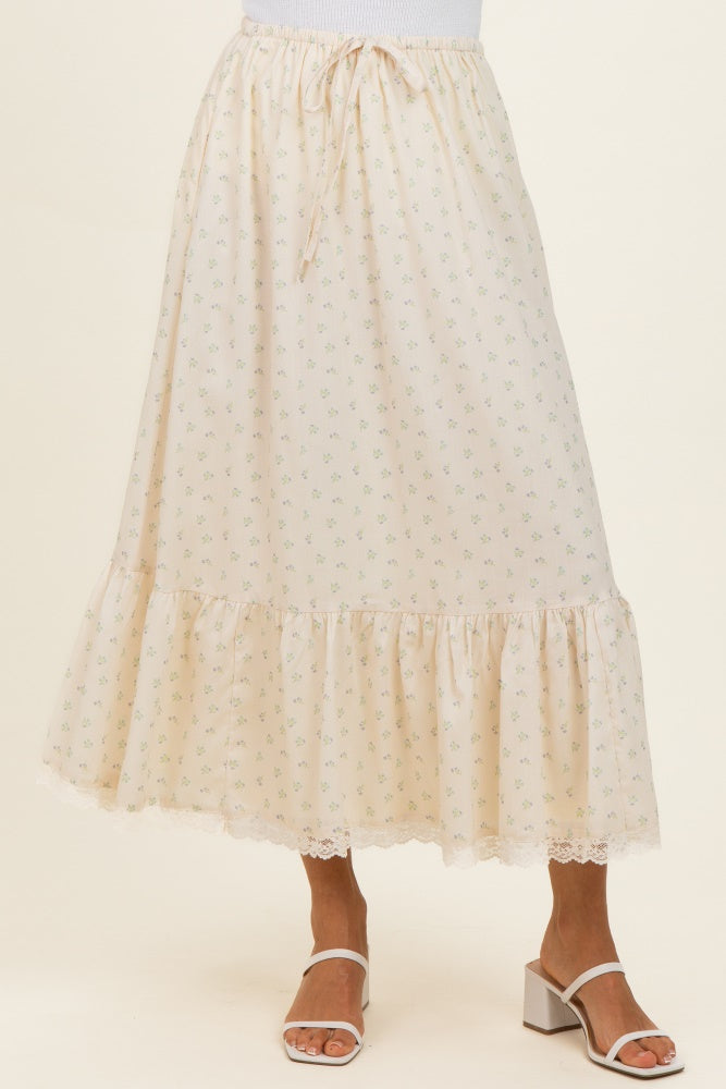 Light Yellow Print Lace Trim Midi Skirt