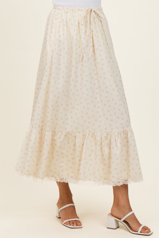 Light Yellow Print Lace Trim Midi Skirt
