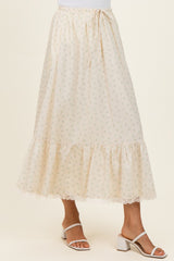 Light Yellow Print Lace Trim Midi Skirt