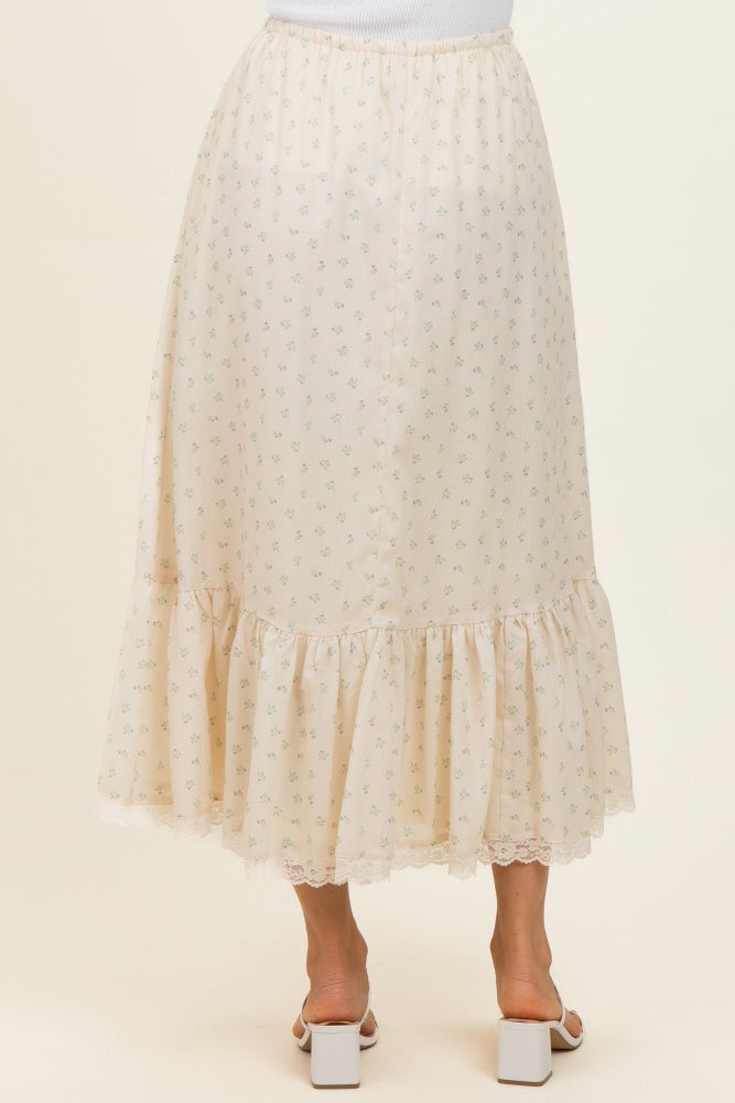 Light Yellow Print Lace Trim Midi Skirt