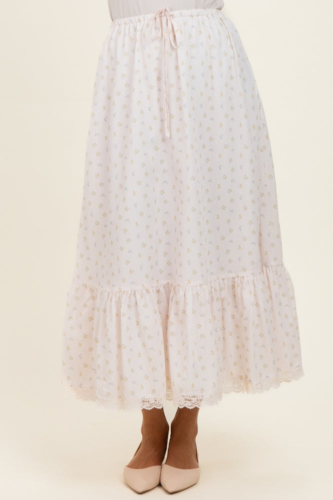 Ivory Print Lace Trim Midi Skirt