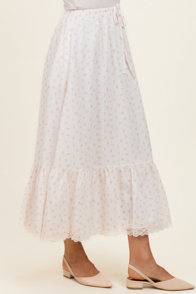 Ivory Print Lace Trim Midi Skirt