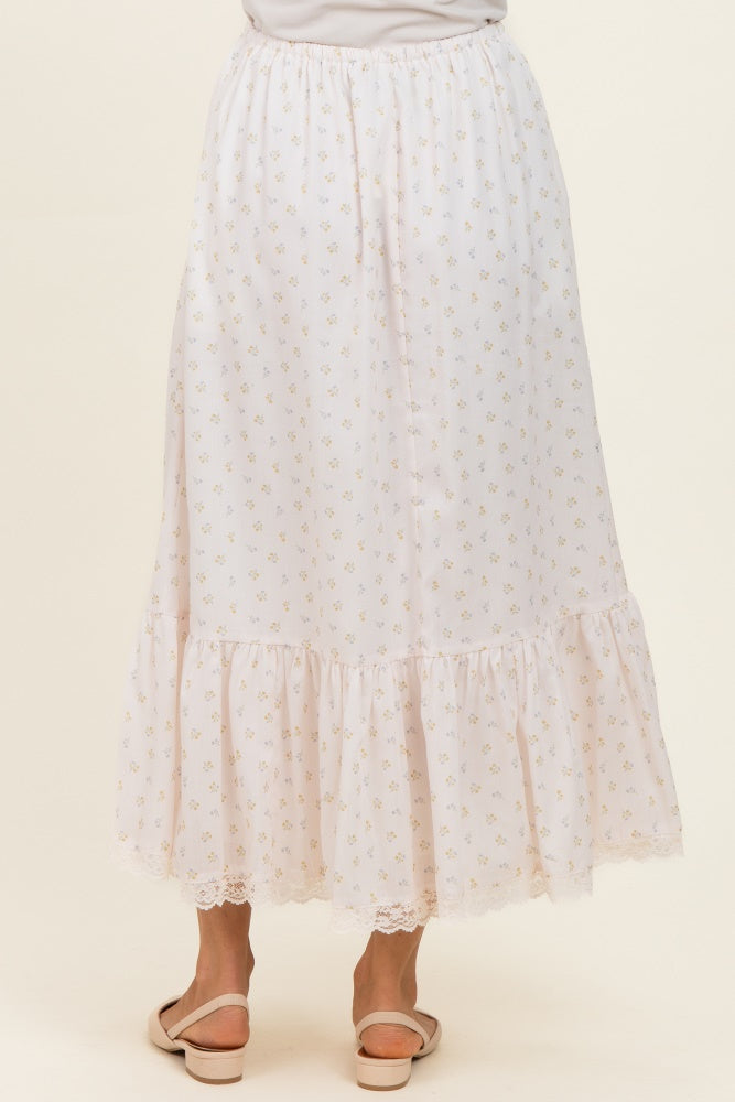 Ivory Print Lace Trim Midi Skirt