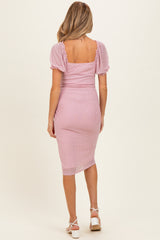 Pink Polka Dot Mesh Square Neck Puff Sleeve Maternity Dress