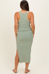 Sage Green Acid Washed Ribbed Maternity Midi Tank Dress