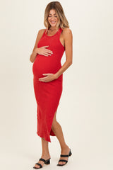 Red Acid Washed Ribbed Maternity Midi Tank Dress
