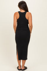 Black Acid Washed Ribbed Maternity Midi Tank Dress