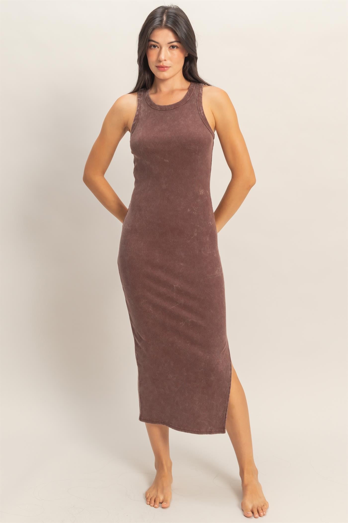 Brown Acid Washed Ribbed Maternity Midi Tank Dress