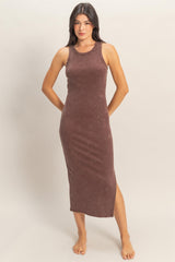 Brown Acid Washed Ribbed Maternity Midi Tank Dress