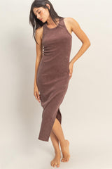 Brown Acid Washed Ribbed Midi Tank Dress