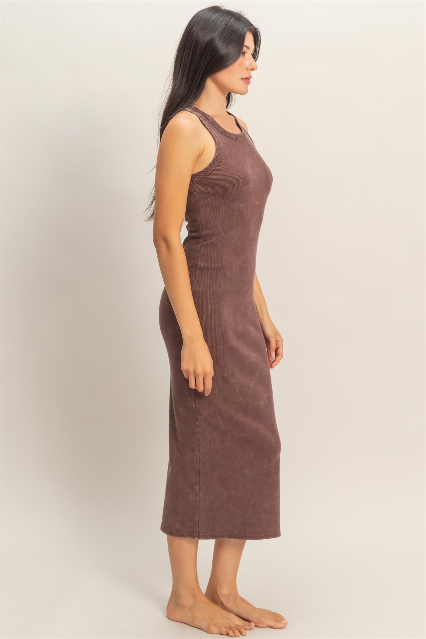 Brown Acid Washed Ribbed Midi Tank Dress