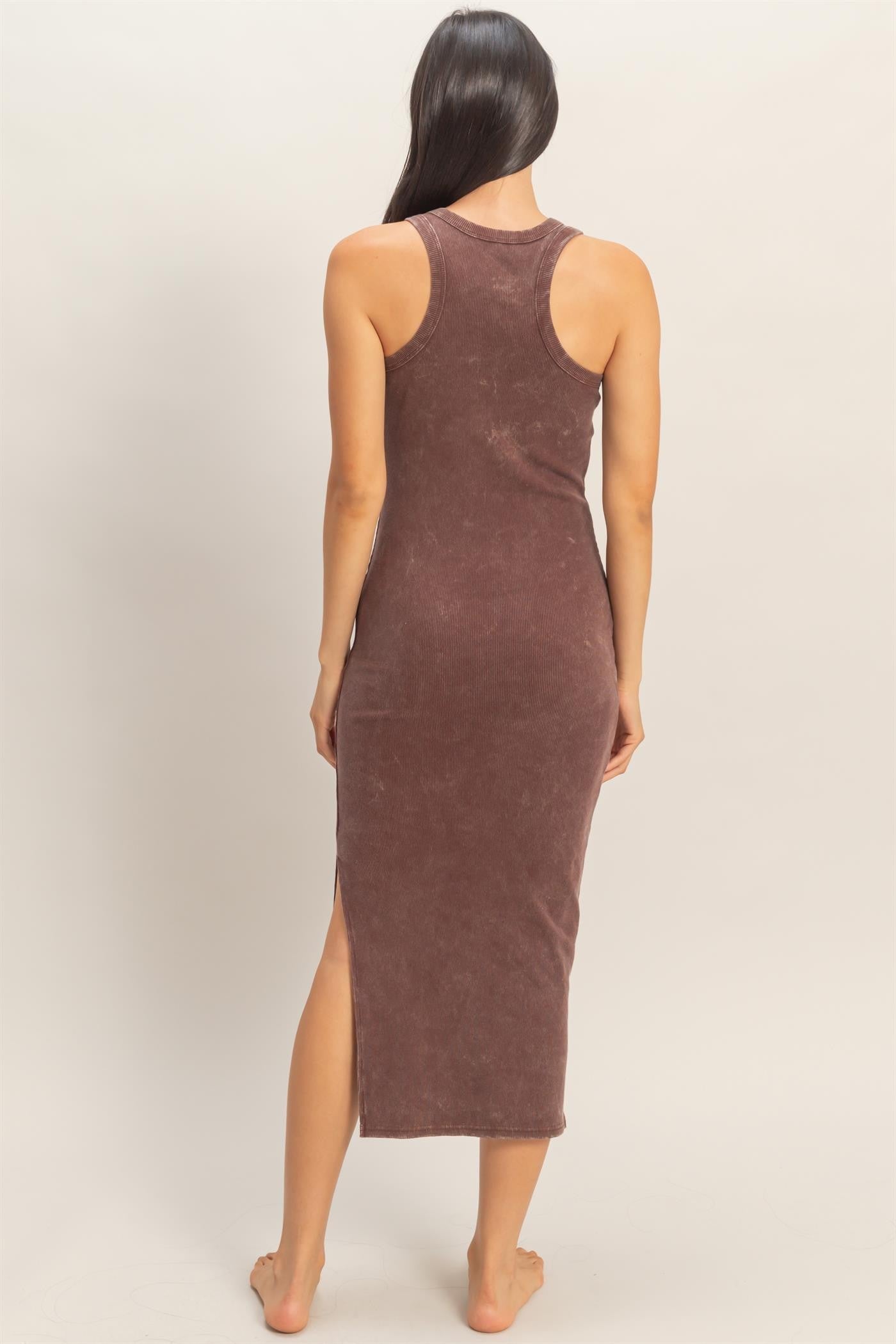 Brown Acid Washed Ribbed Midi Tank Dress