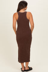Brown Acid Washed Ribbed Maternity Midi Tank Dress