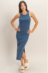 Navy Acid Washed Ribbed Midi Tank Dress