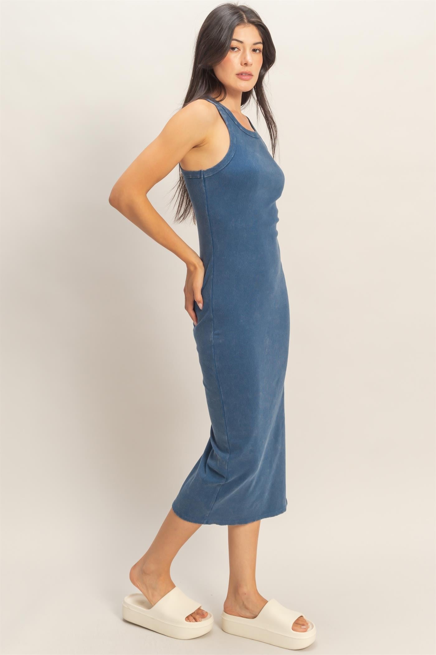 Navy Acid Washed Ribbed Midi Tank Dress
