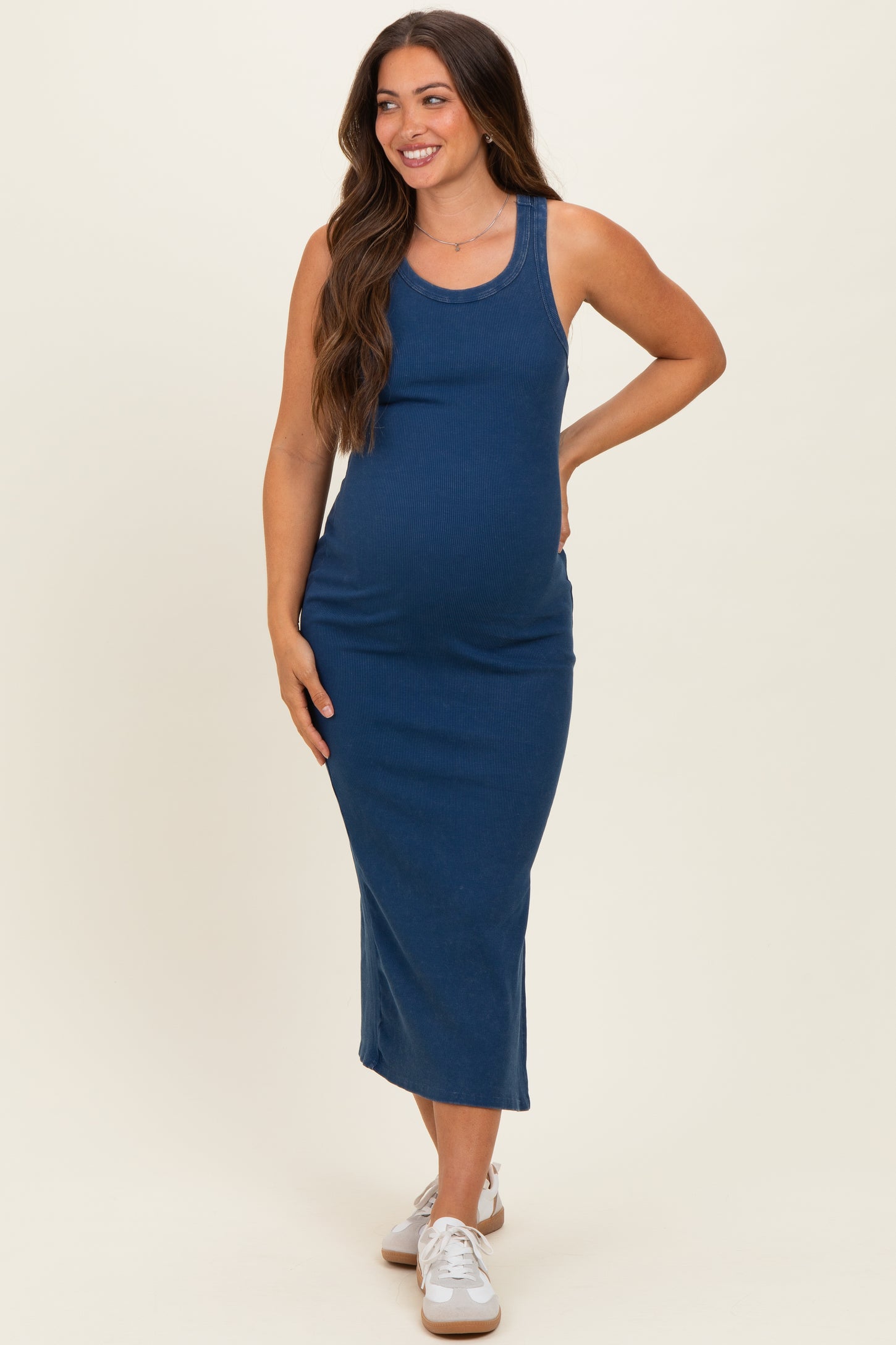 Navy Acid Washed Ribbed Maternity Midi Tank Dress