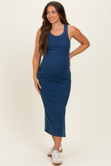 Navy Acid Washed Ribbed Maternity Midi Tank Dress