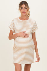 Taupe Striped Maternity T-Shirt Mini Dress