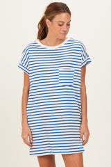 woman wearing a white and blue striped t-shirt dress with a pocket on the chest