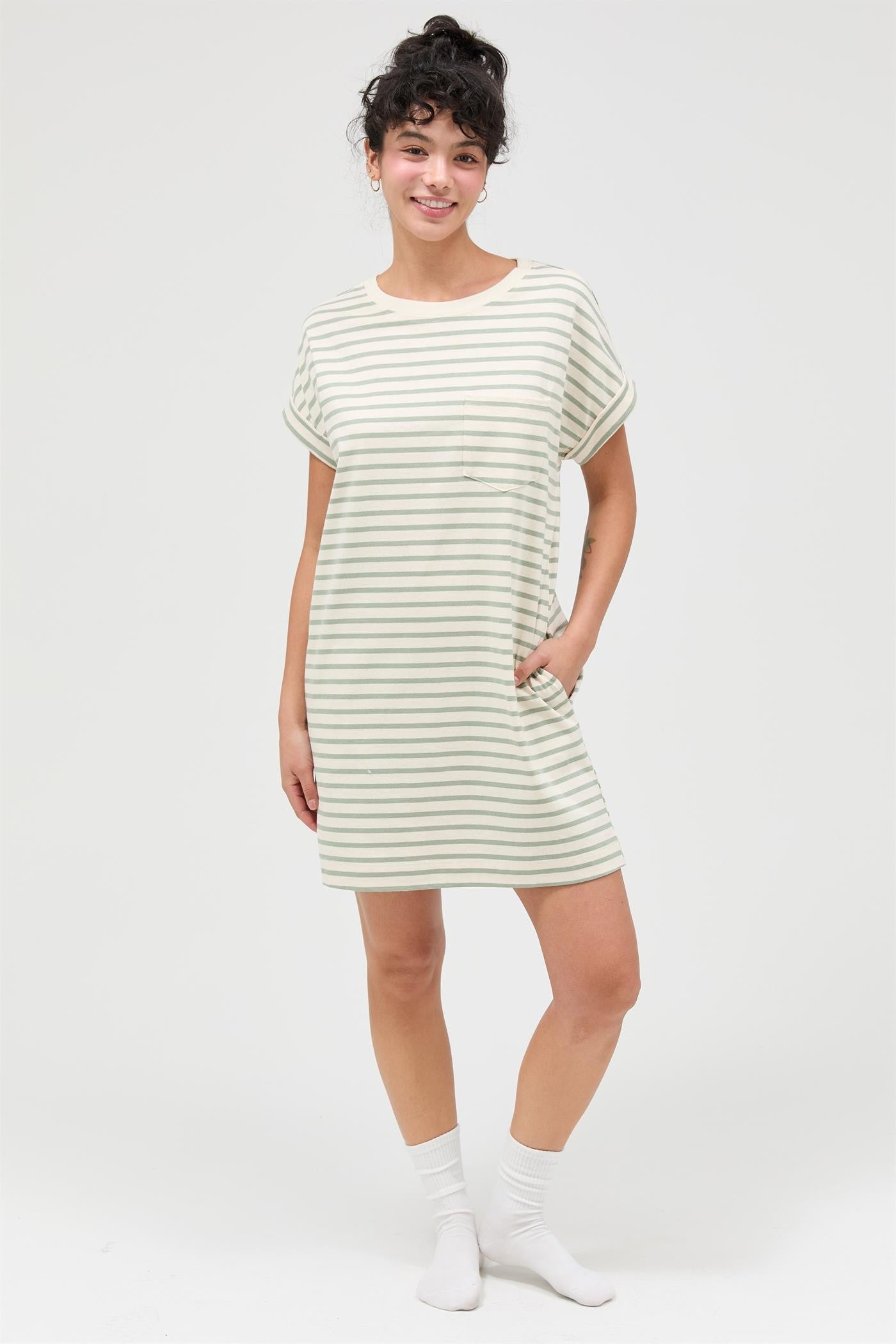 Sage Striped Maternity T-Shirt Mini Dress