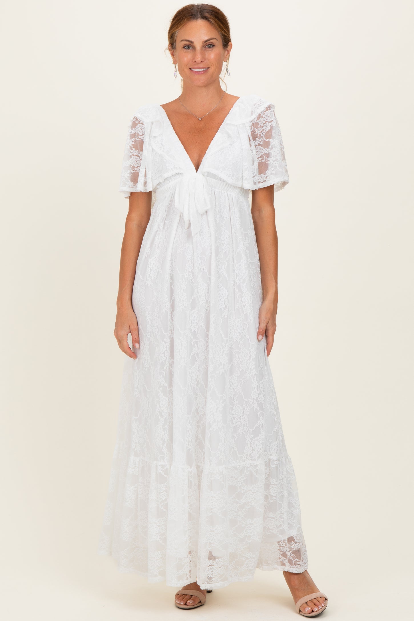Ivory Lace Flutter Sleeve Tiered Maternity Maxi Dress