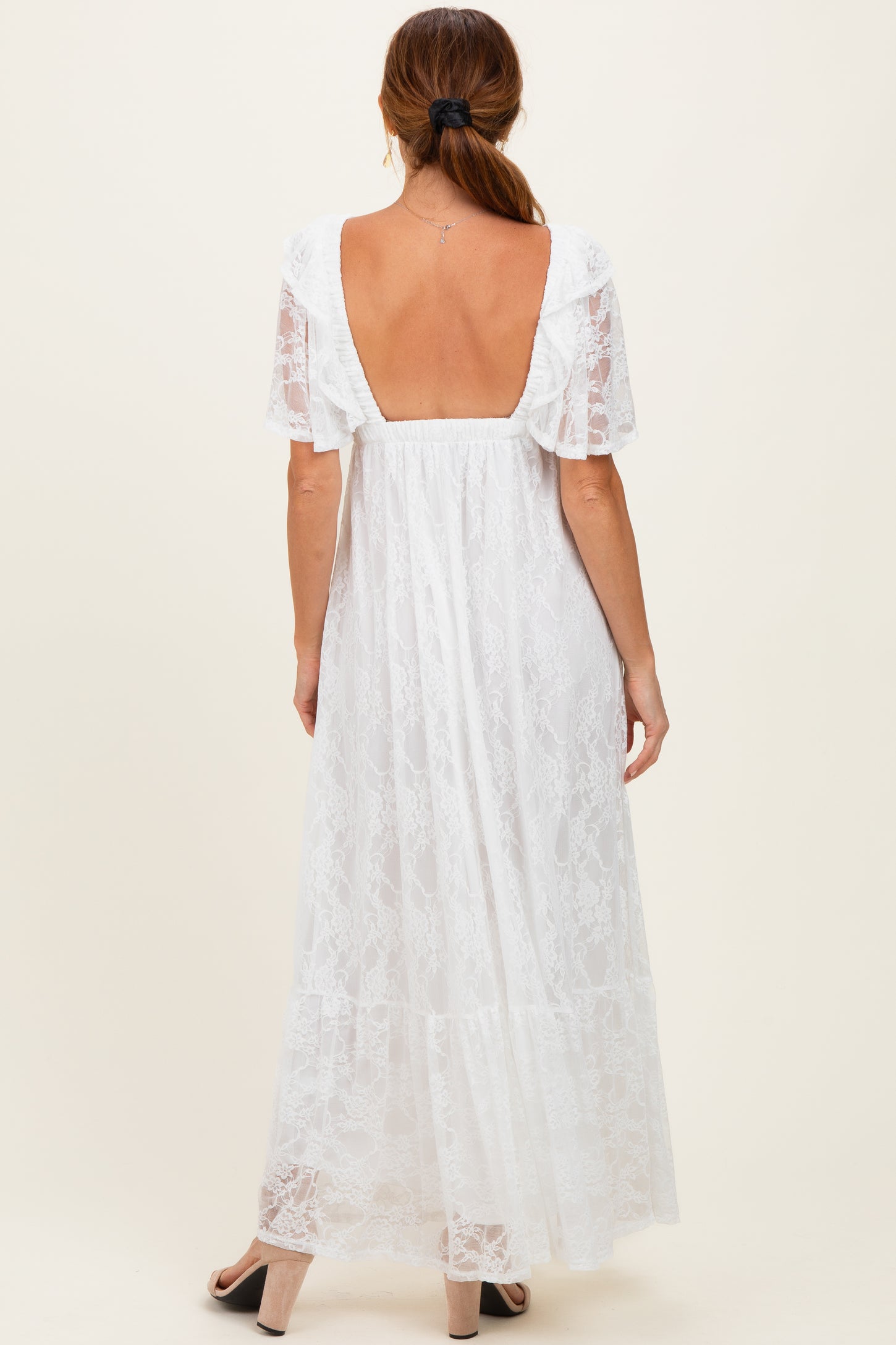 Ivory Lace Flutter Sleeve Tiered Maxi Dress