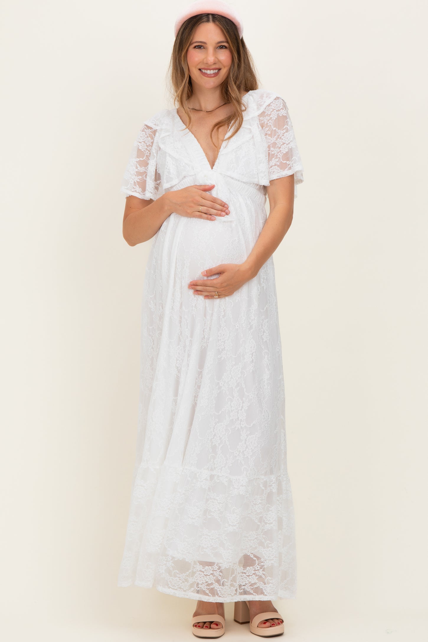 Ivory Lace Flutter Sleeve Tiered Maternity Maxi Dress