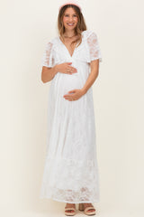 Ivory Lace Flutter Sleeve Tiered Maternity Maxi Dress