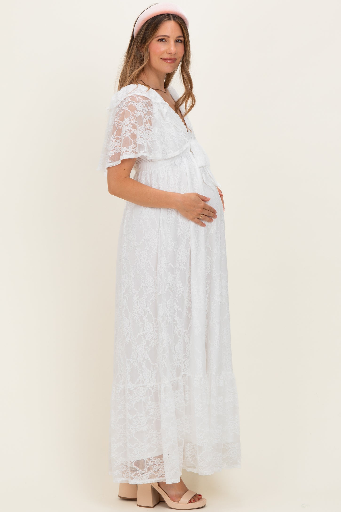 Ivory Lace Flutter Sleeve Tiered Maternity Maxi Dress