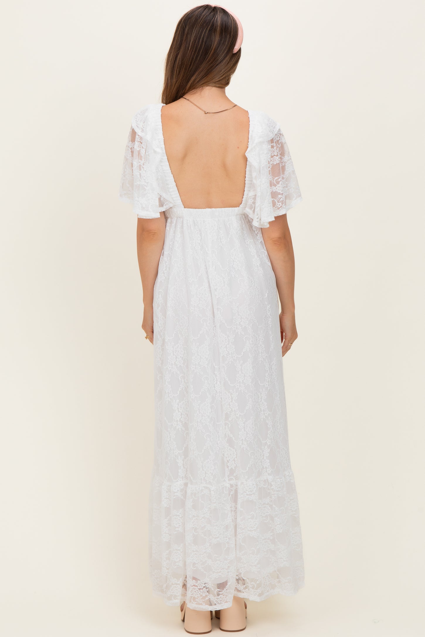 Ivory Lace Flutter Sleeve Tiered Maternity Maxi Dress