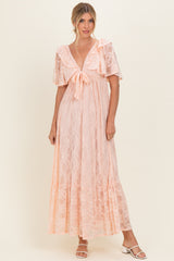Peach Lace Flutter Sleeve Tiered Maternity Maxi Dress