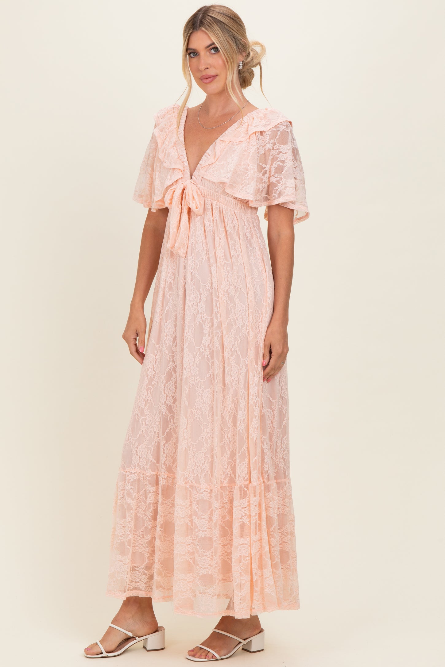 Peach Lace Flutter Sleeve Tiered Maxi Dress
