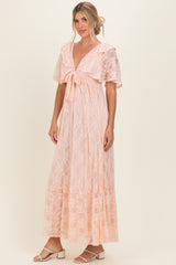 Peach Lace Flutter Sleeve Tiered Maxi Dress