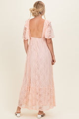 Peach Lace Flutter Sleeve Tiered Maxi Dress