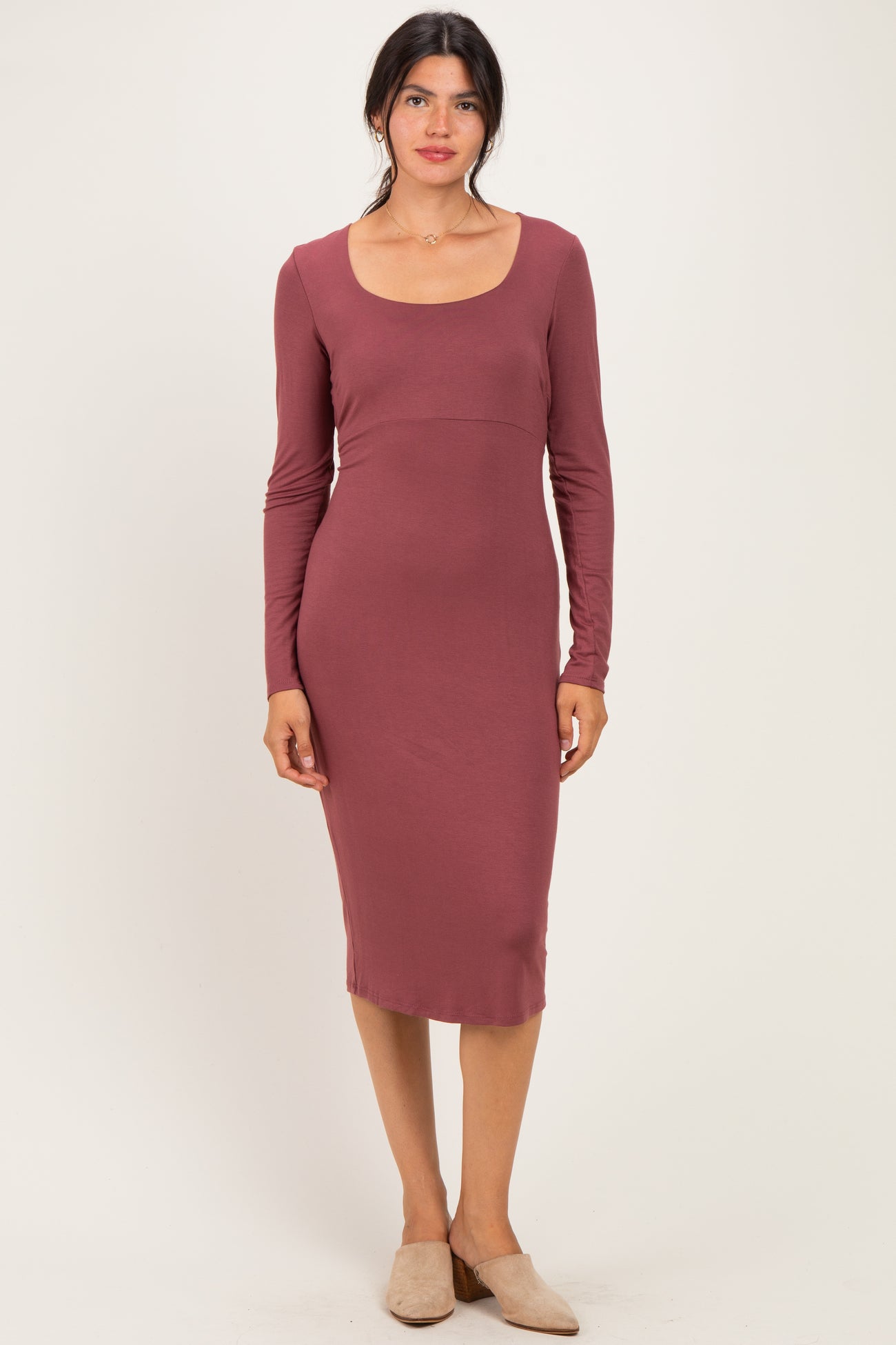 Burgundy Basic Square Neck Maternity Midi Dress