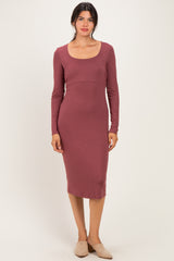 Burgundy Basic Square Neck Maternity Midi Dress