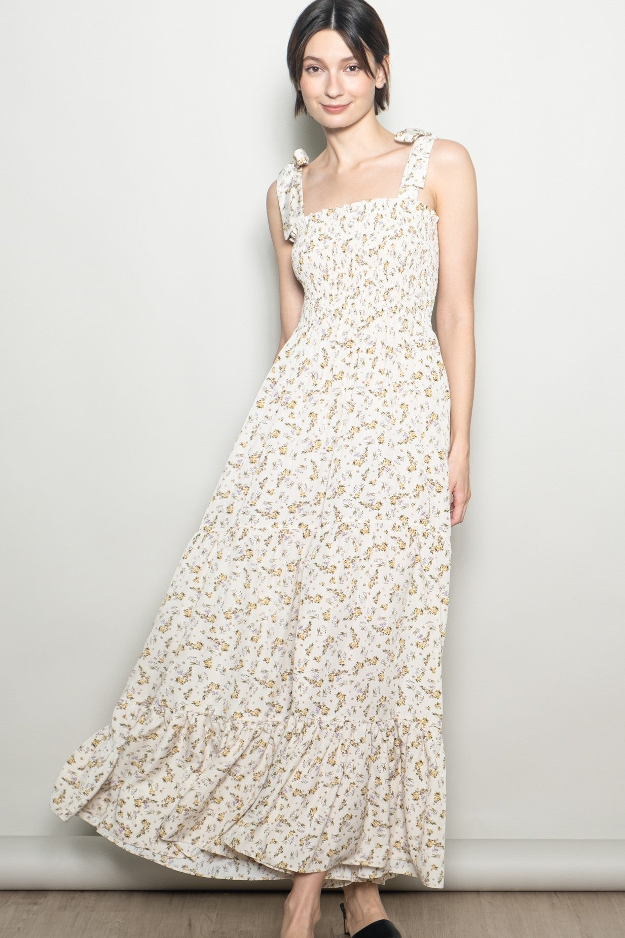 Cream Floral Shoulder Tie Maternity Maxi Dress