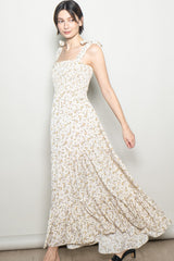 Cream Floral Shoulder Tie Maxi Dress