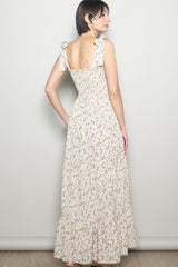 Cream Floral Shoulder Tie Maxi Dress
