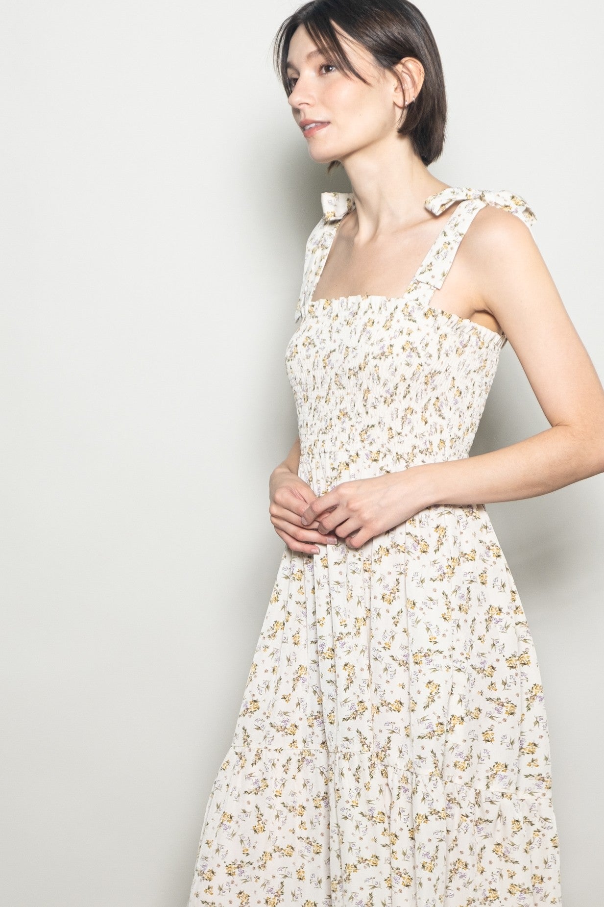 Cream Floral Shoulder Tie Maxi Dress