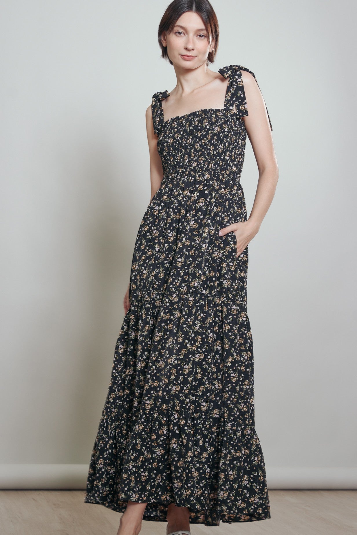 Black Floral Shoulder Tie Maternity Maxi Dress