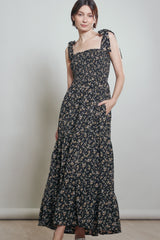 Black Floral Shoulder Tie Maternity Maxi Dress