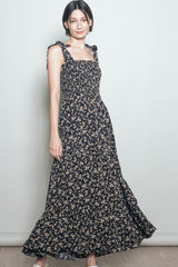 Black Floral Shoulder Tie Maxi Dress