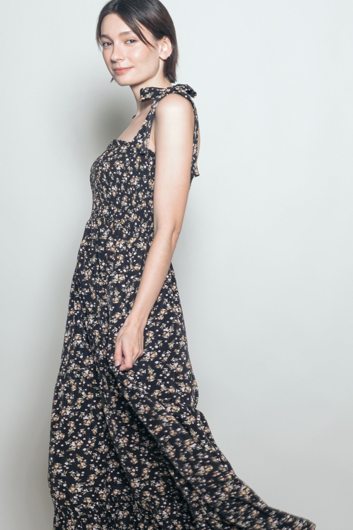 Black Floral Shoulder Tie Maxi Dress