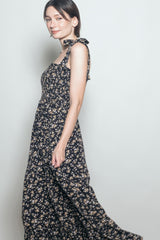 Black Floral Shoulder Tie Maxi Dress