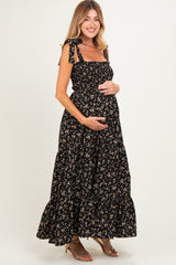 Black Floral Shoulder Tie Maternity Maxi Dress
