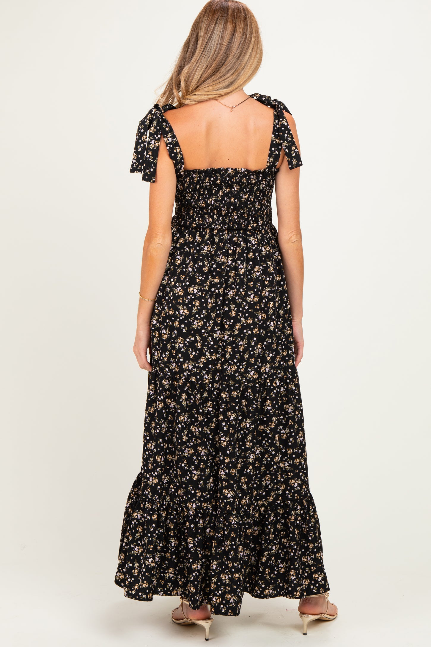 Black Floral Shoulder Tie Maternity Maxi Dress