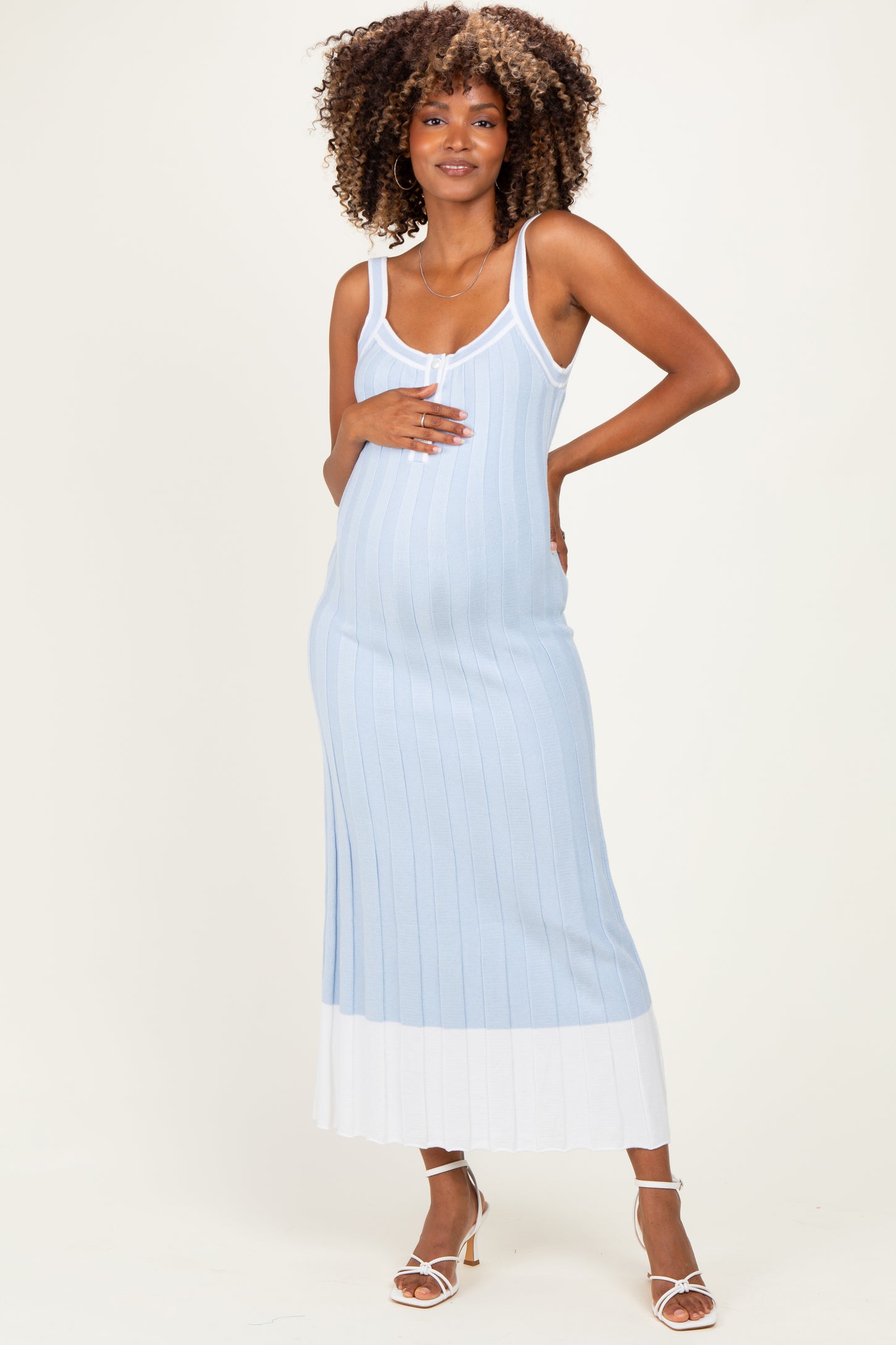 Sky Blue Ribbed Colorblock Sleeveless Maternity Maxi Dress