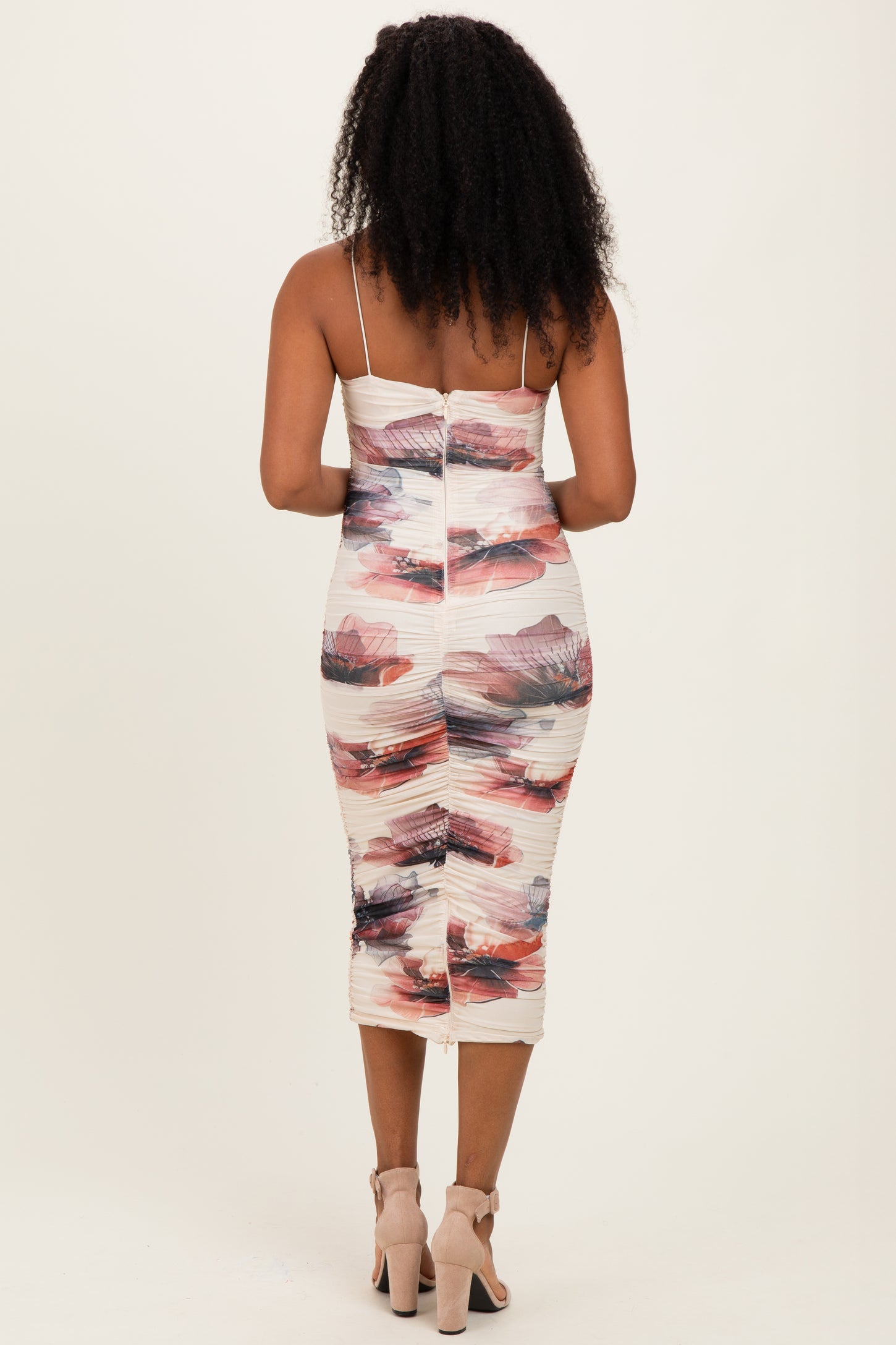 Cream Floral Mesh Fitted Midi Dress