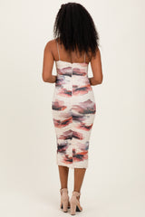 Cream Floral Mesh Fitted Midi Dress